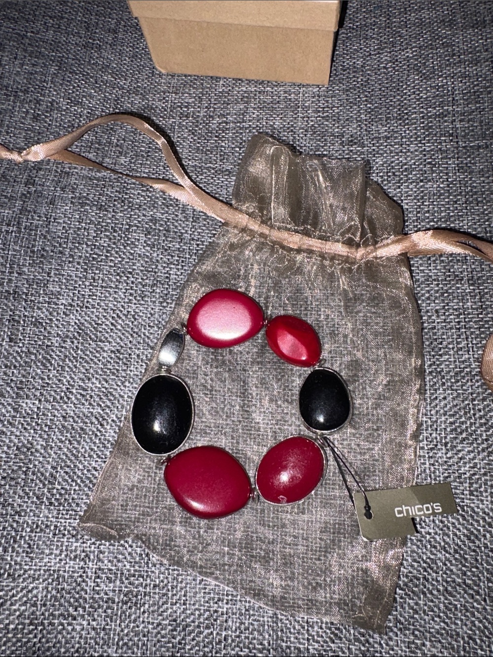 Chico's Red and Black Oval Stretch Bracelet with Tag